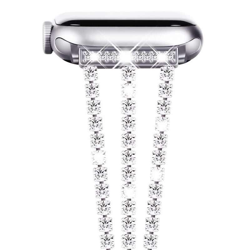 NewWays Compatible for Apple Watch Band 46mm Series 11 10 9 8 7 45mm 44mm SE Series 6 5 4 3 42mm(Series3), Sparkling Bling Diamonds Bracelet for iWatch Band Womens, Silver - Image 1
